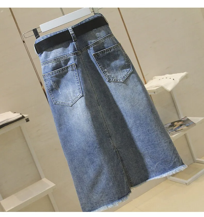 Women's Fashion Designer Denim Distressed Midi Skirts (Plus Size)
