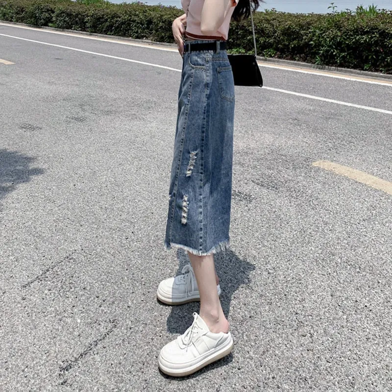 Women's Fashion Designer Denim Distressed Midi Skirts (Plus Size)