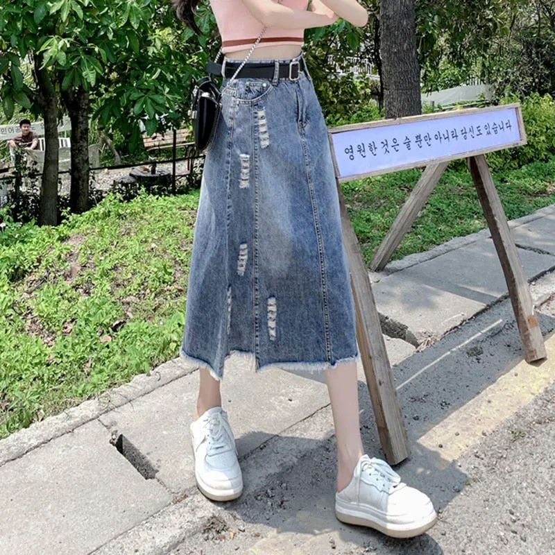 Women's Fashion Designer Denim Distressed Midi Skirts (Plus Size)