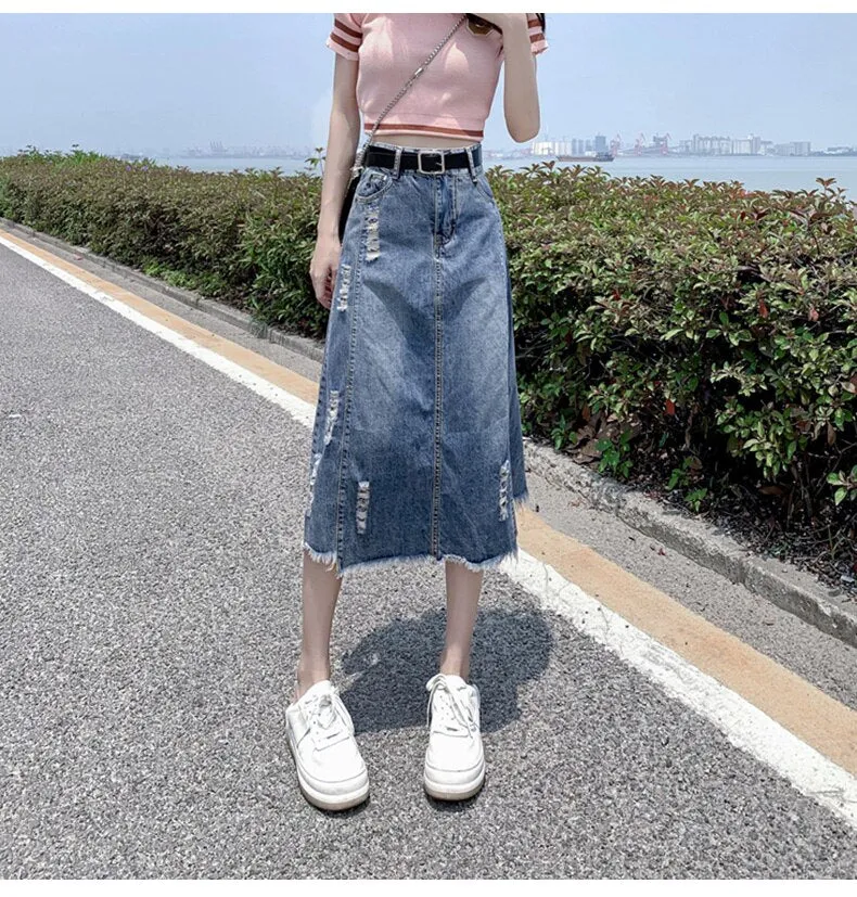 Women's Fashion Designer Denim Distressed Midi Skirts (Plus Size)