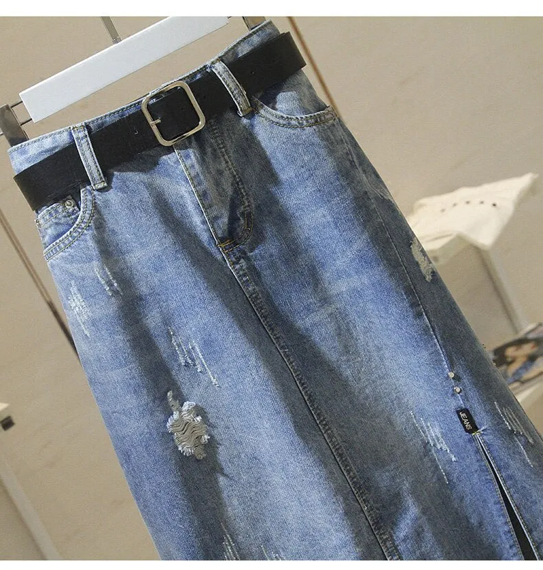 Women's Fashion Designer Denim Distressed Midi Skirts (Plus Size)