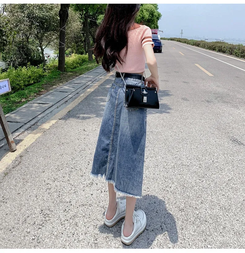 Women's Fashion Designer Denim Distressed Midi Skirts (Plus Size)