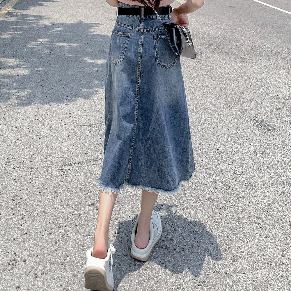 Women's Fashion Designer Denim Distressed Midi Skirts (Plus Size)