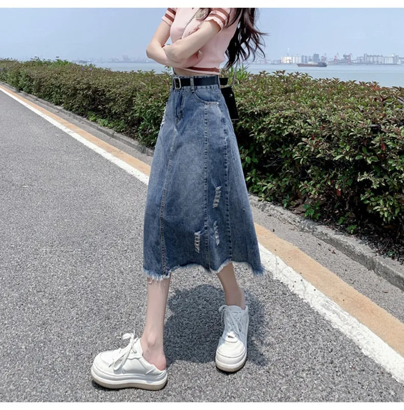 Women's Fashion Designer Denim Distressed Midi Skirts (Plus Size)