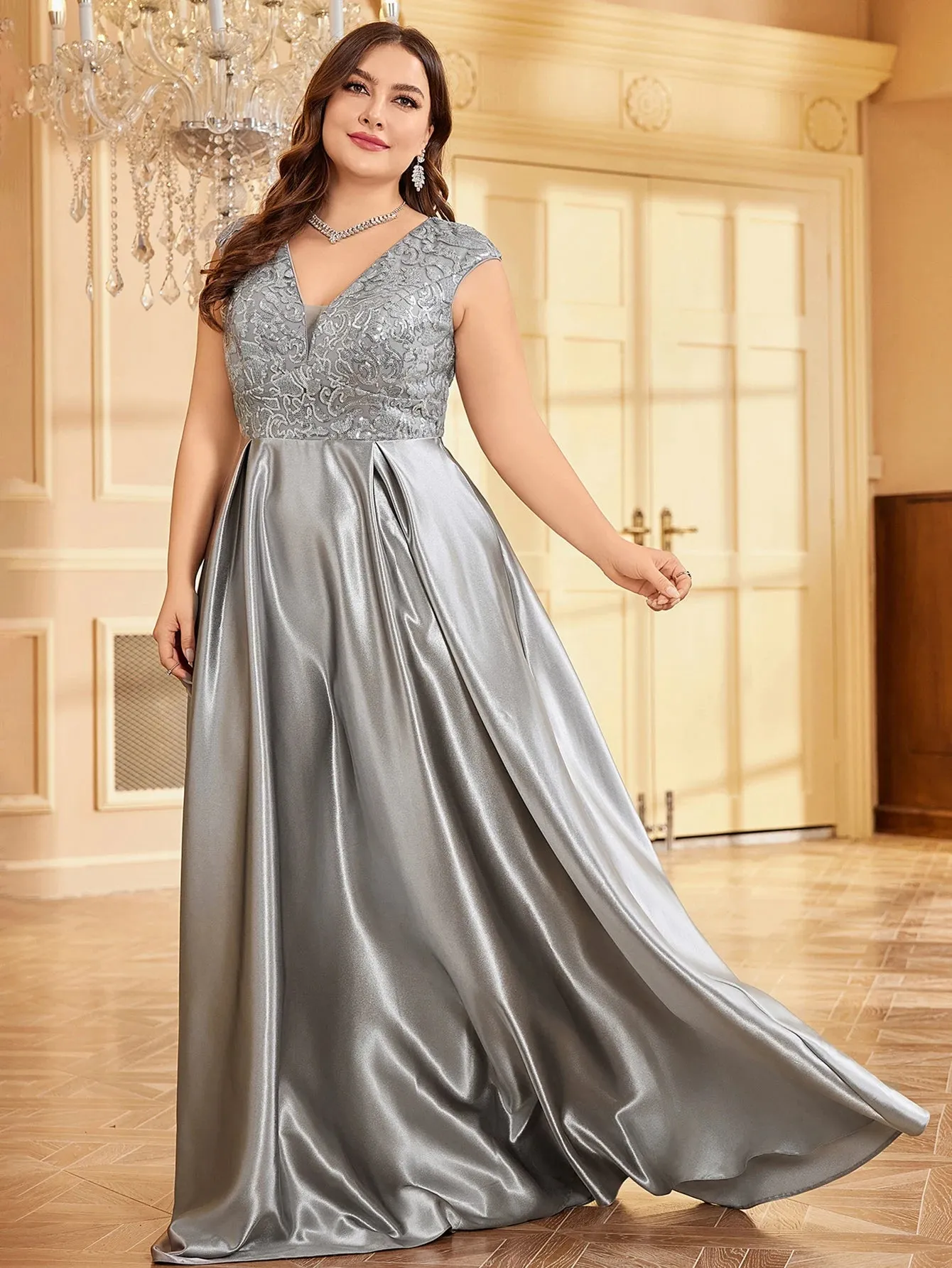 Women's Fashion Designer Sequin Satin 4XL Long Dresses (Plus Size)