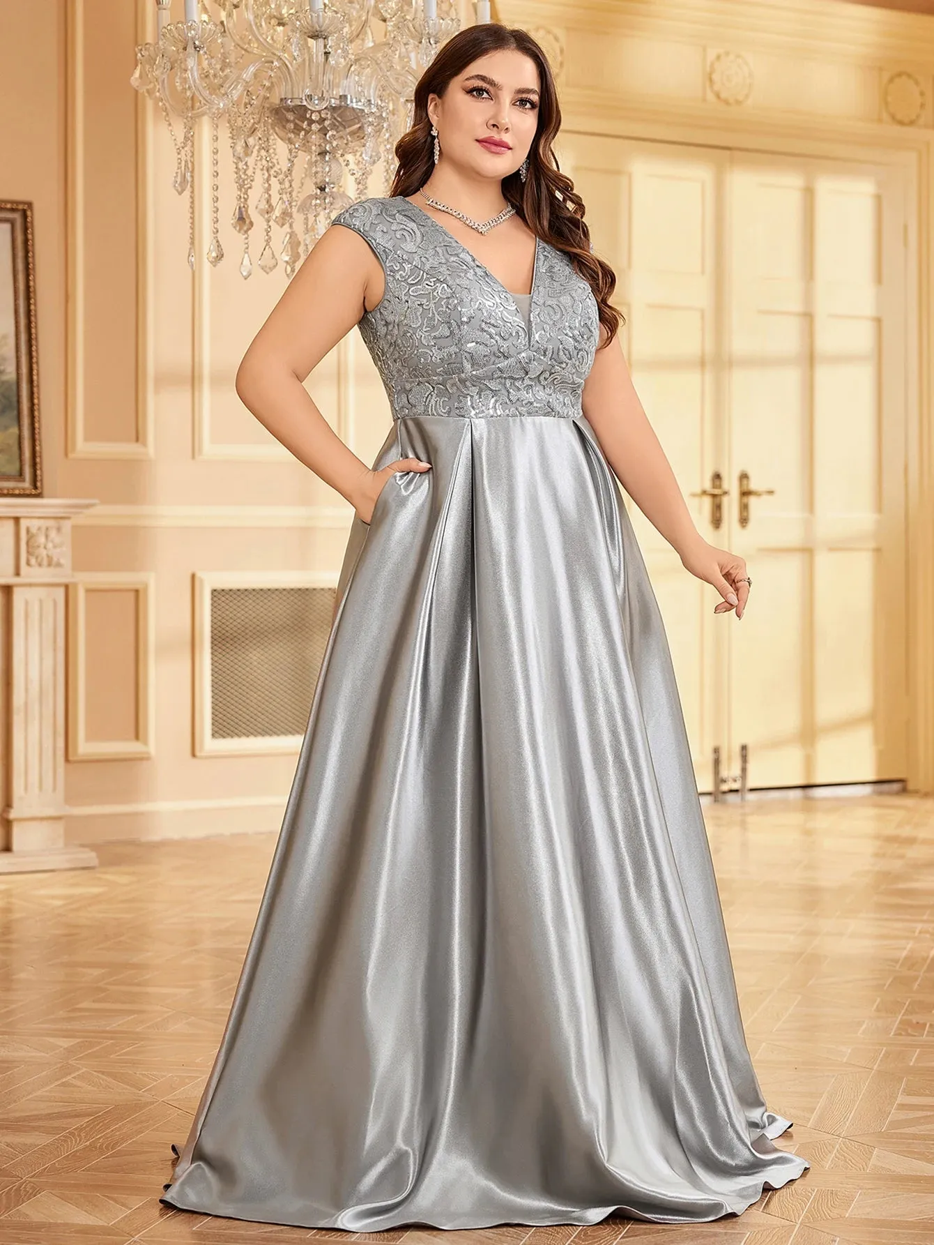 Women's Fashion Designer Sequin Satin 4XL Long Dresses (Plus Size)