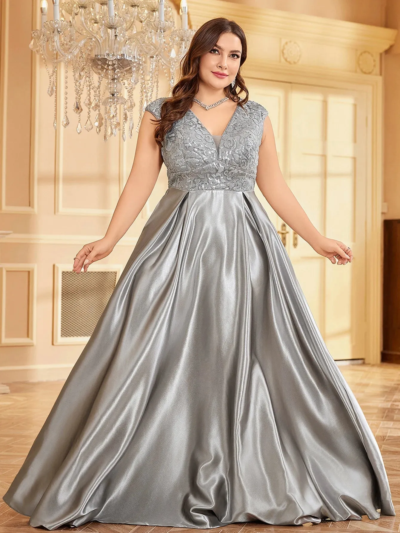 Women's Fashion Designer Sequin Satin 4XL Long Dresses (Plus Size)