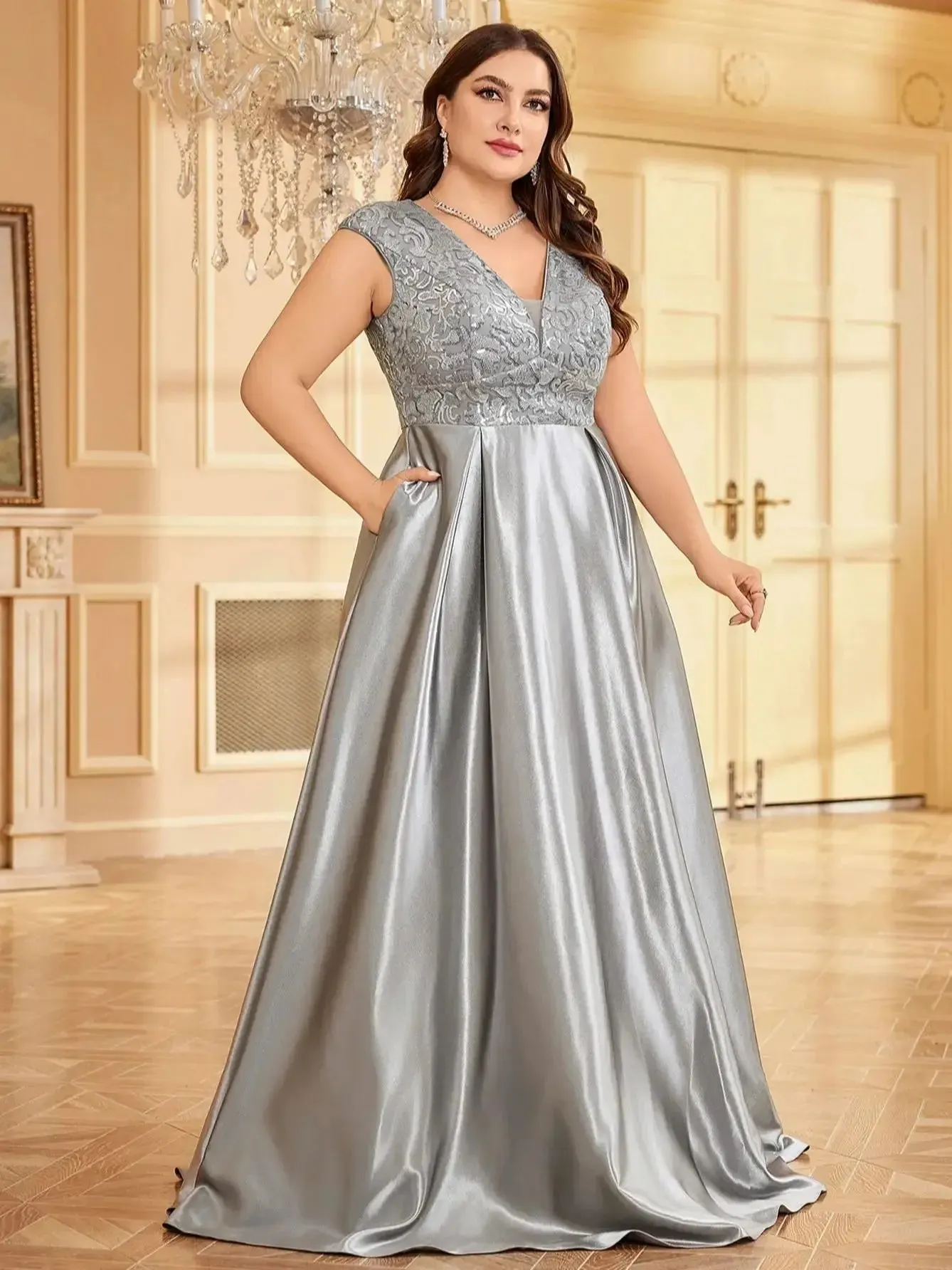 Women's Fashion Designer Sequin Satin 4XL Long Dresses (Plus Size)