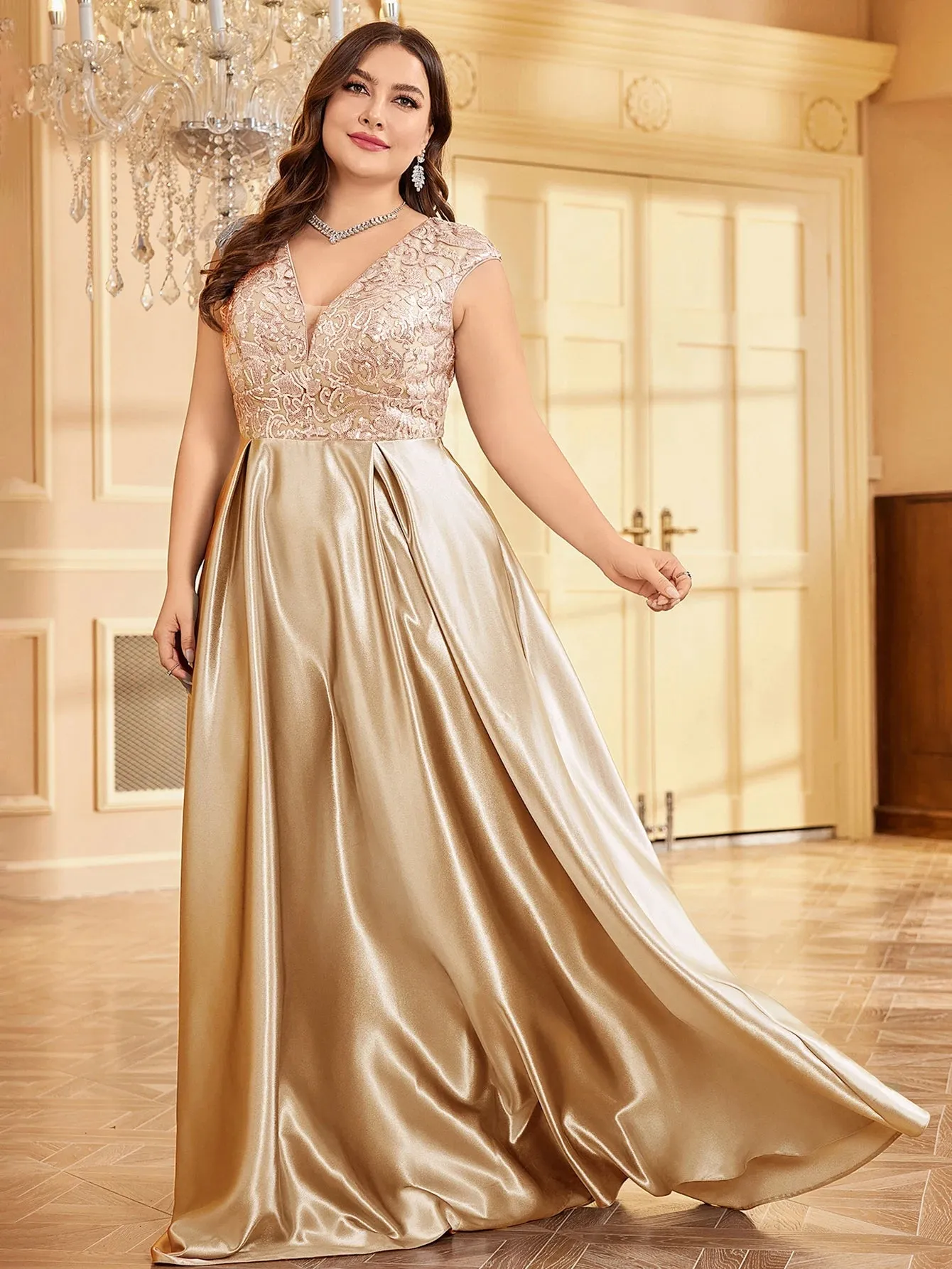Women's Fashion Designer Sequin Satin 4XL Long Dresses (Plus Size)