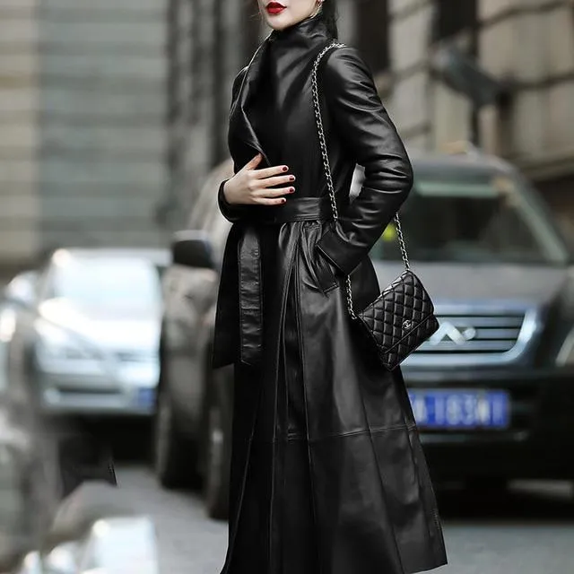 Women's Faux Leather Trench Coat Fashion Designer Nerazzurri Jackets (Plus Size)