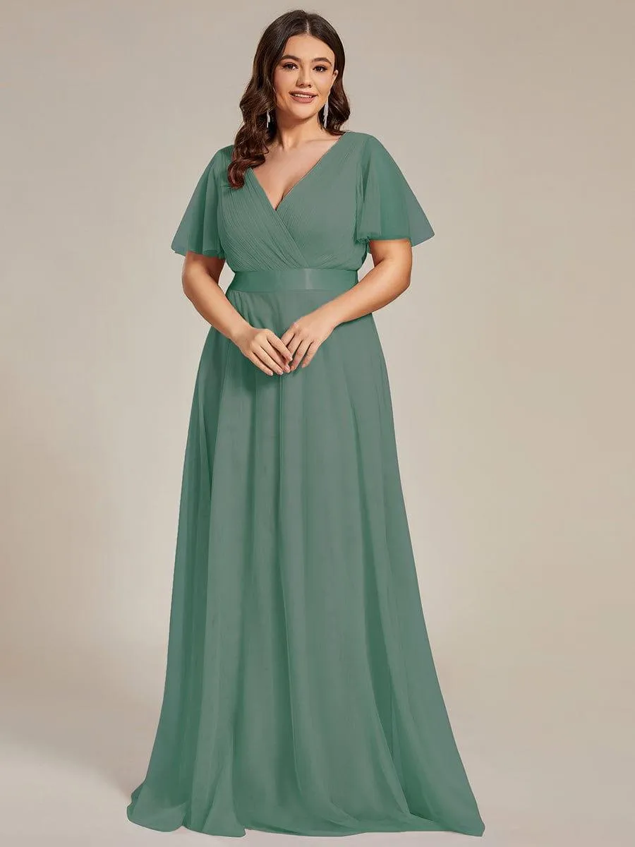 Women's Floor-Length Plus Size Formal Bridesmaid Dress with Short Sleeve