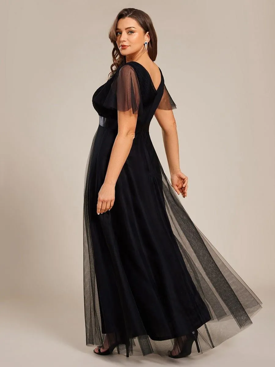 Women's Floor-Length Plus Size Formal Bridesmaid Dress with Short Sleeve