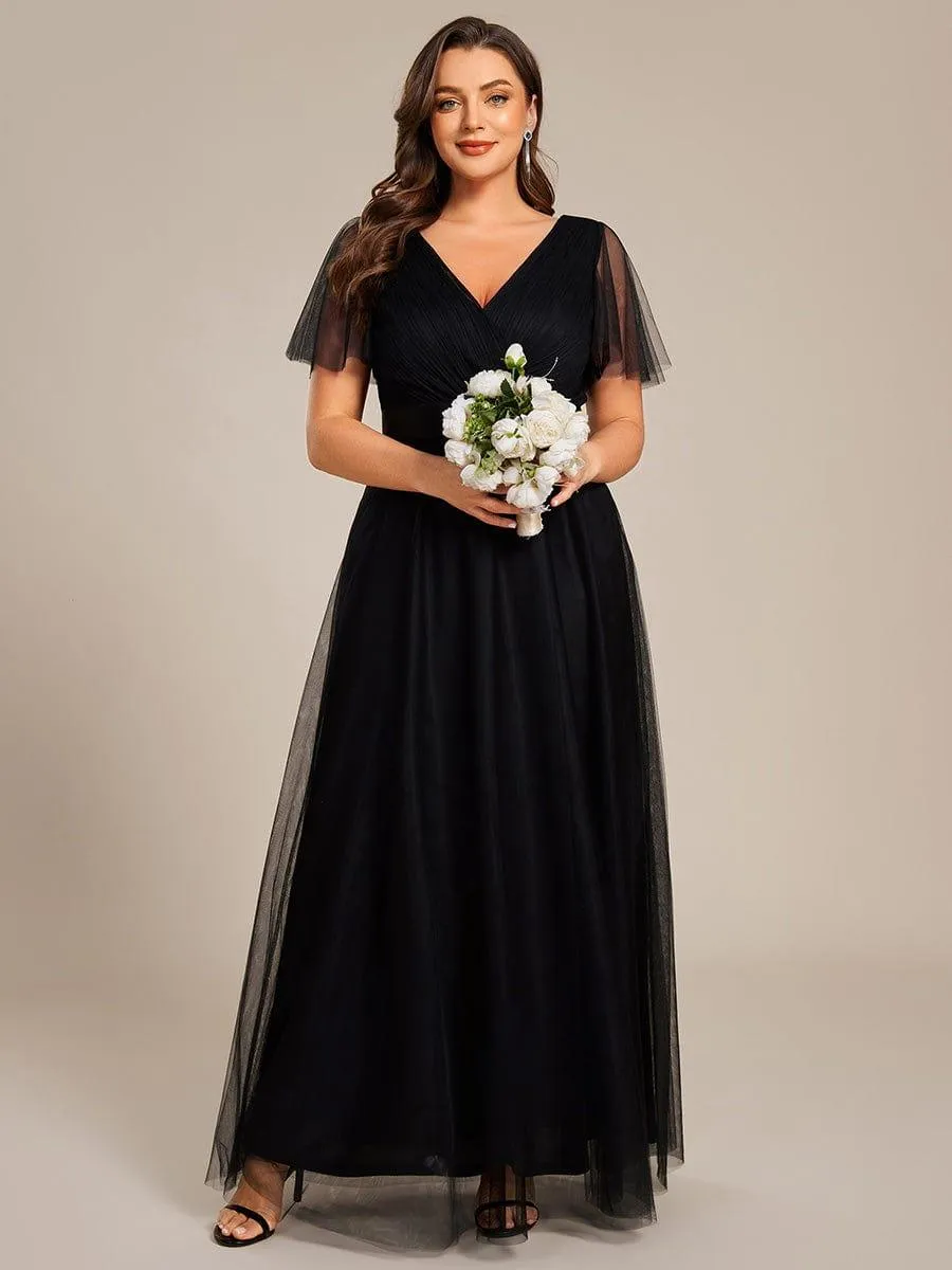 Women's Floor-Length Plus Size Formal Bridesmaid Dress with Short Sleeve