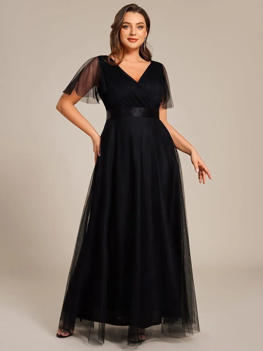 Women's Floor-Length Plus Size Formal Bridesmaid Dress with Short Sleeve