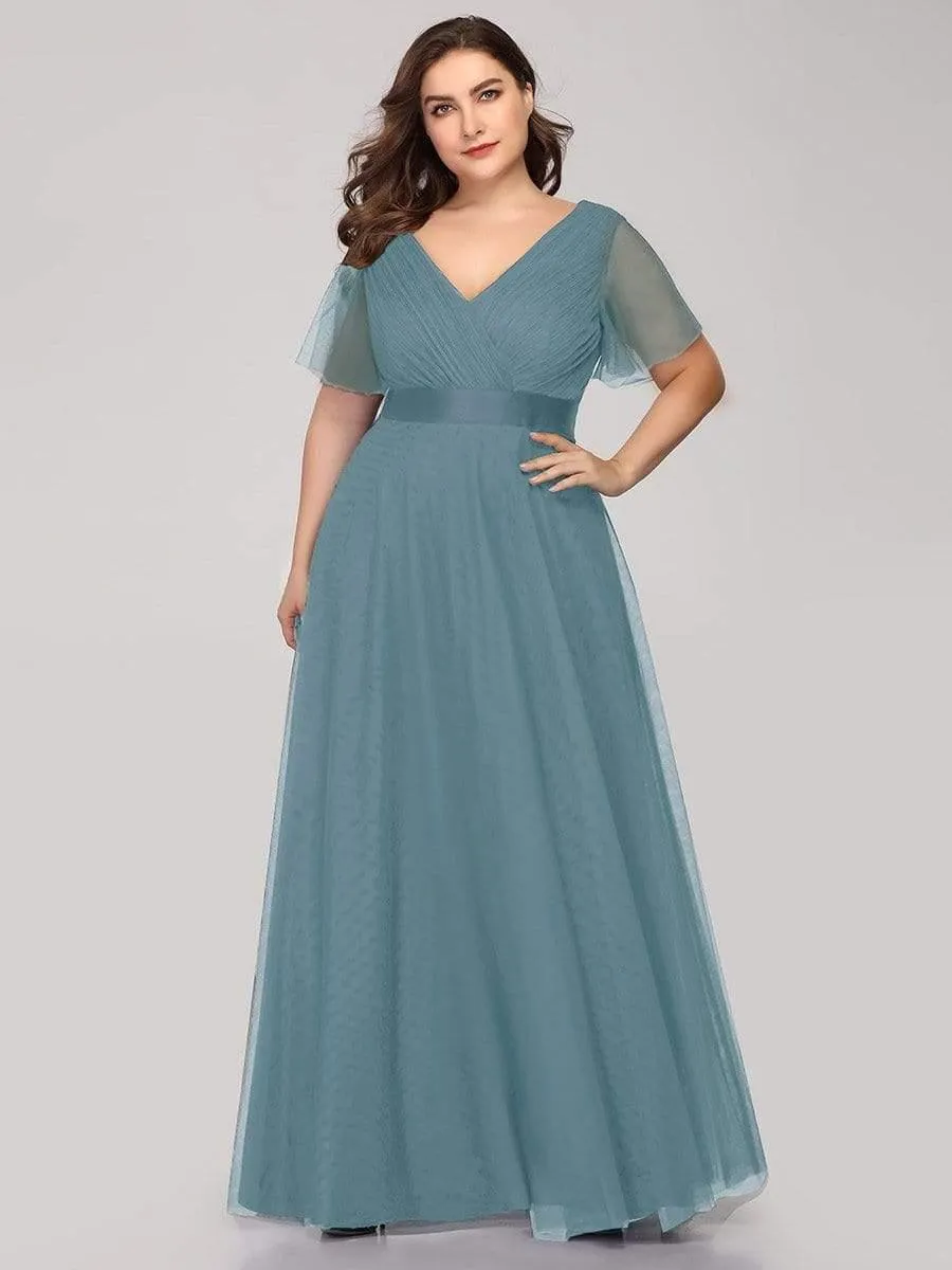 Women's Floor-Length Plus Size Formal Bridesmaid Dress with Short Sleeve