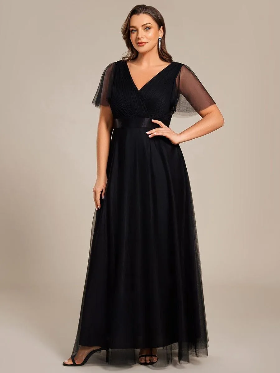 Women's Floor-Length Plus Size Formal Bridesmaid Dress with Short Sleeve