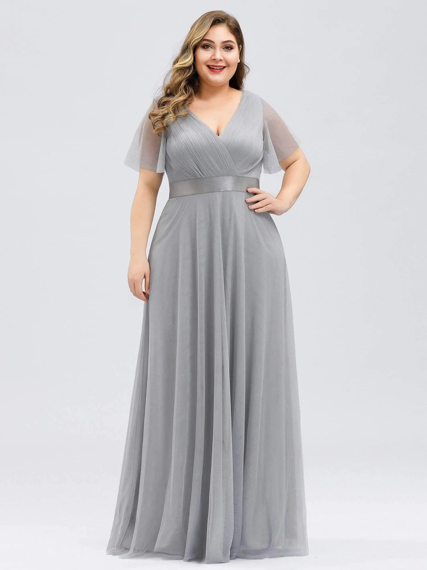 Women's Floor-Length Plus Size Formal Bridesmaid Dress with Short Sleeve