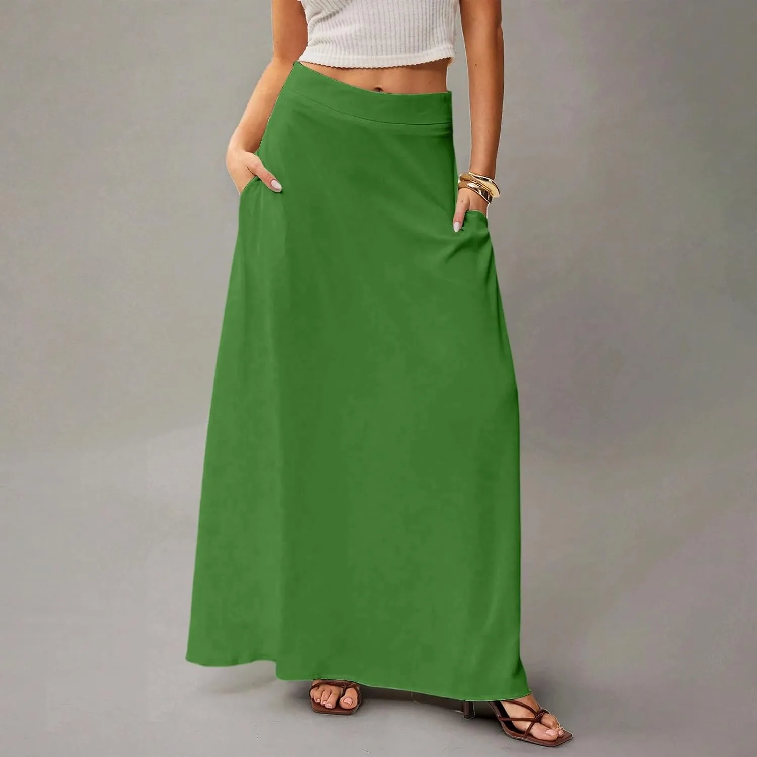 Womens Flowy A Line Skirt Boho Elastic High Waisted Long Maxi Skirts for Women Trendy Summer Basicwith Pockets