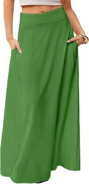 Womens Flowy A Line Skirt Boho Elastic High Waisted Long Maxi Skirts for Women Trendy Summer Basicwith Pockets