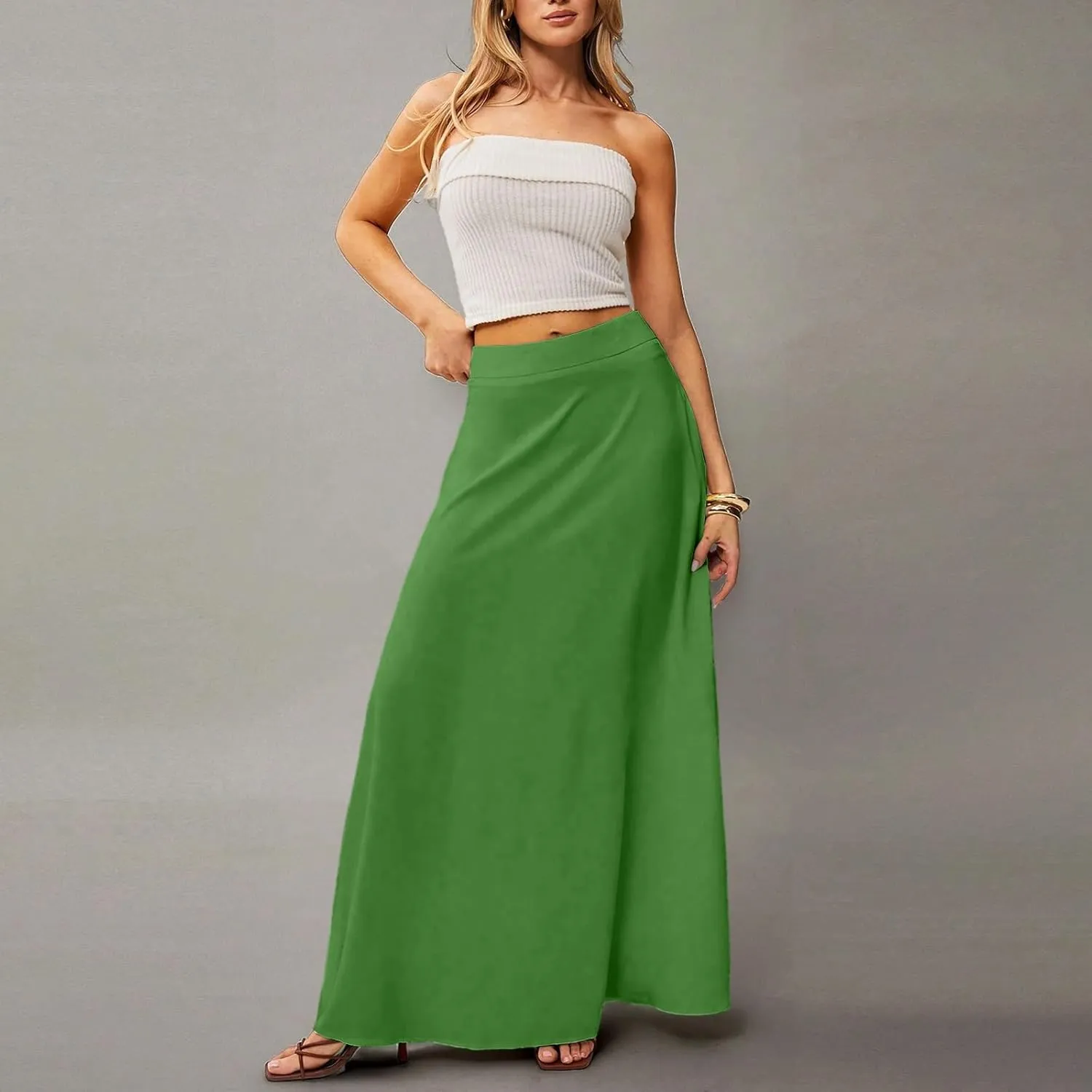 Womens Flowy A Line Skirt Boho Elastic High Waisted Long Maxi Skirts for Women Trendy Summer Basicwith Pockets