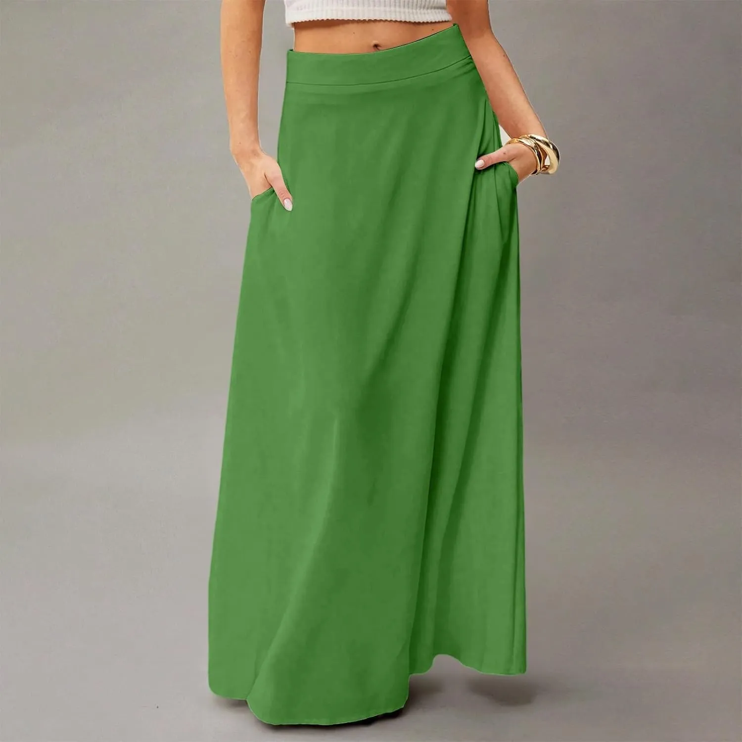 Womens Flowy A Line Skirt Boho Elastic High Waisted Long Maxi Skirts for Women Trendy Summer Basicwith Pockets