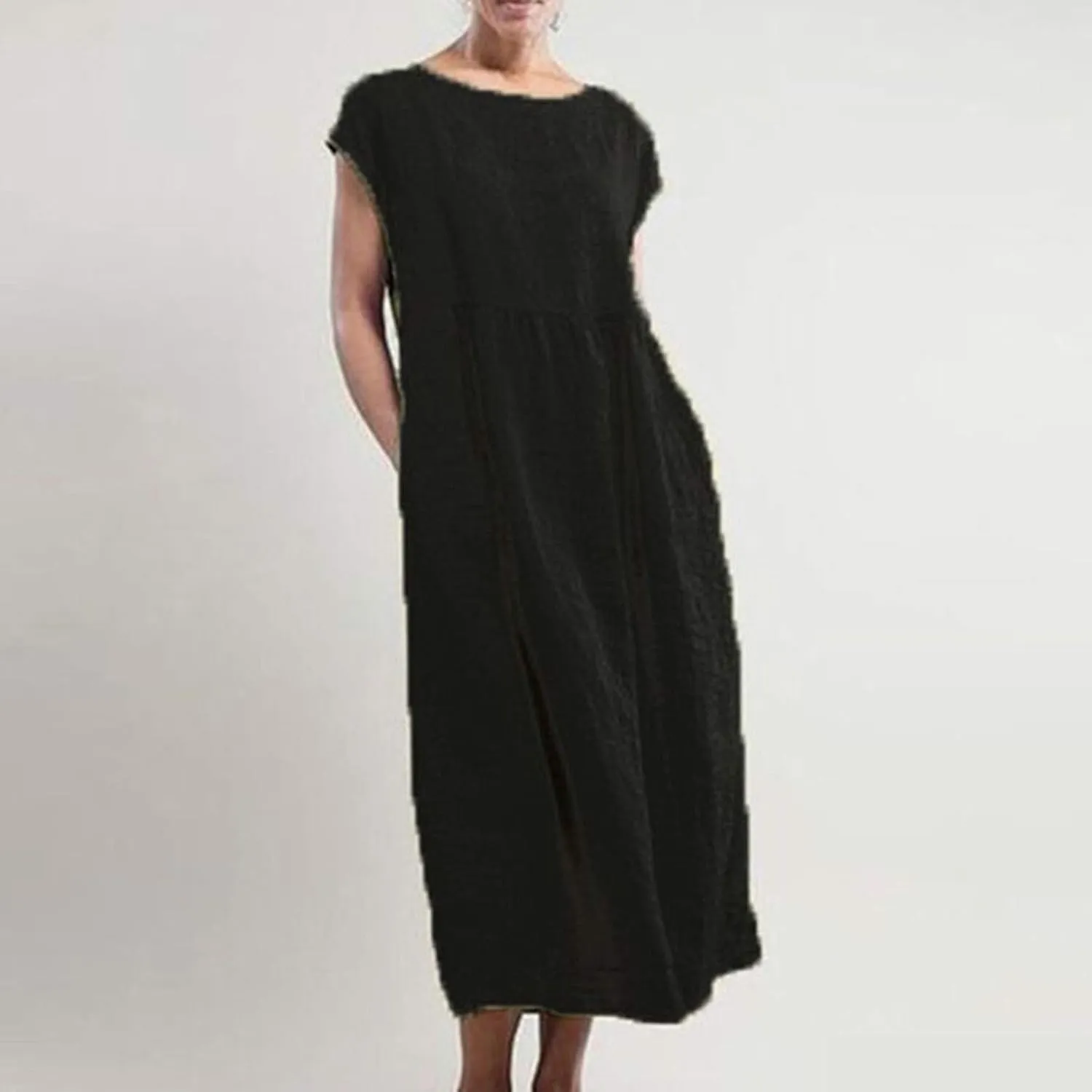 Womens Flowy Cotton Dress Spring Summer Short Sleeve Crewneck Baggy Dresses Linen Cotton Maxi Beach Vacation Skirts