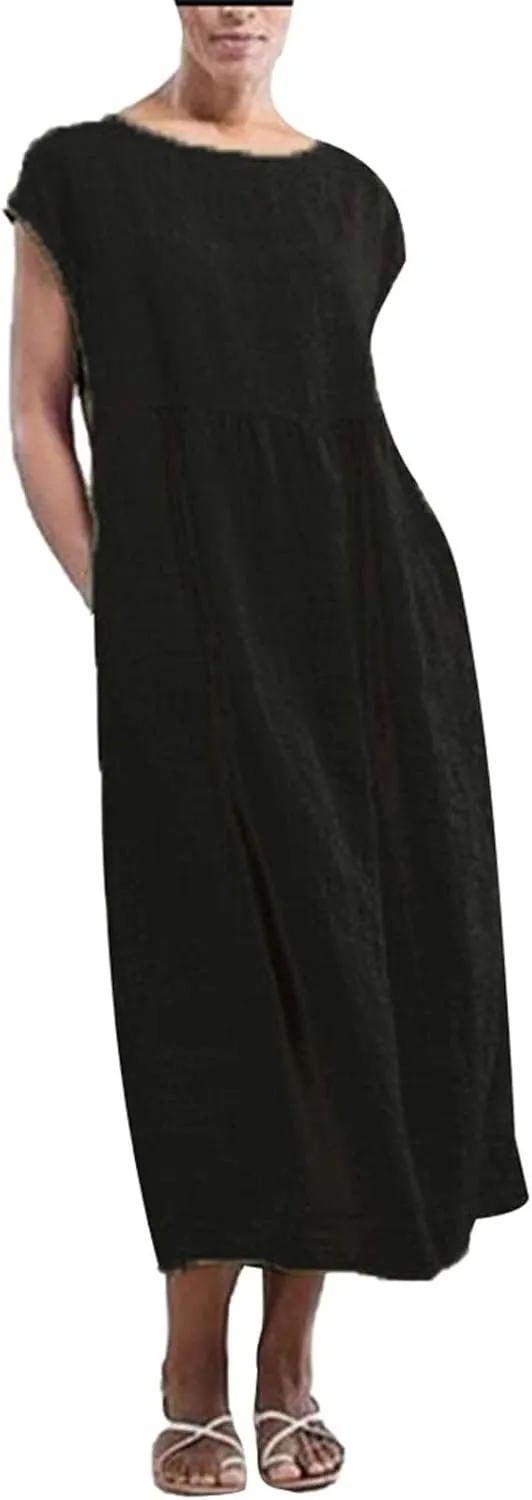 Womens Flowy Cotton Dress Spring Summer Short Sleeve Crewneck Baggy Dresses Linen Cotton Maxi Beach Vacation Skirts