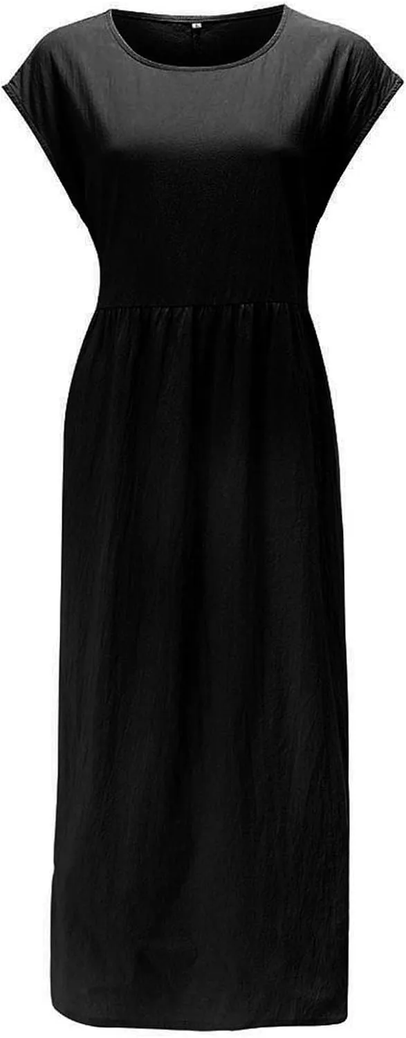 Womens Flowy Cotton Dress Spring Summer Short Sleeve Crewneck Baggy Dresses Linen Cotton Maxi Beach Vacation Skirts