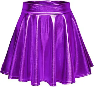 Women's Glossy PVC Leather Flared Skirt Shiny Glitter Holographic A Line Mini Skirts Nightclub Rave Pleated PU Skirt