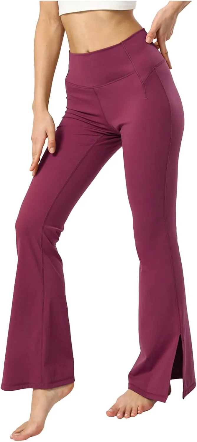 Womens High Waist Butt Lift Flare Pants Stretch Side Slit Yoga Pants Slim Fit Straight Leg Casual Pant Sports Trouser