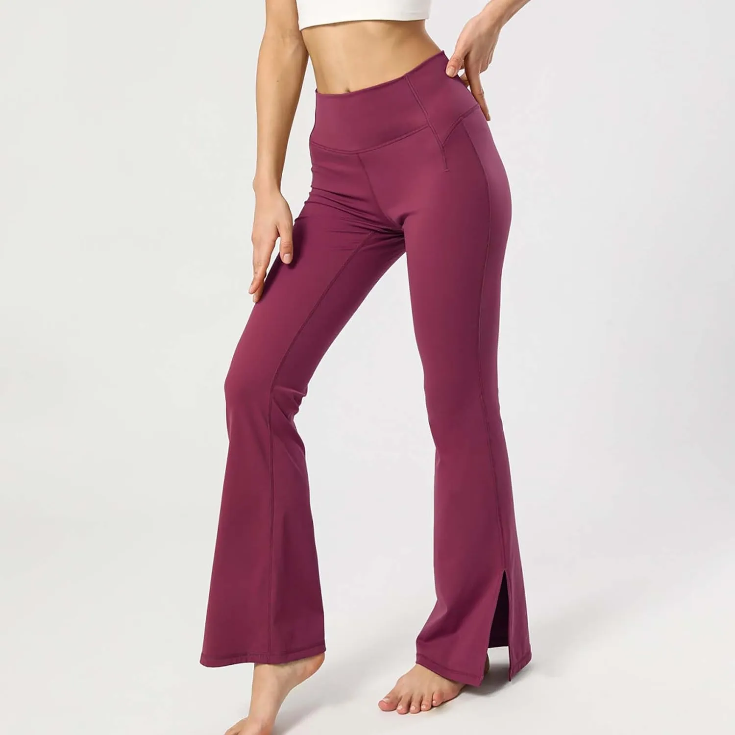 Womens High Waist Butt Lift Flare Pants Stretch Side Slit Yoga Pants Slim Fit Straight Leg Casual Pant Sports Trouser