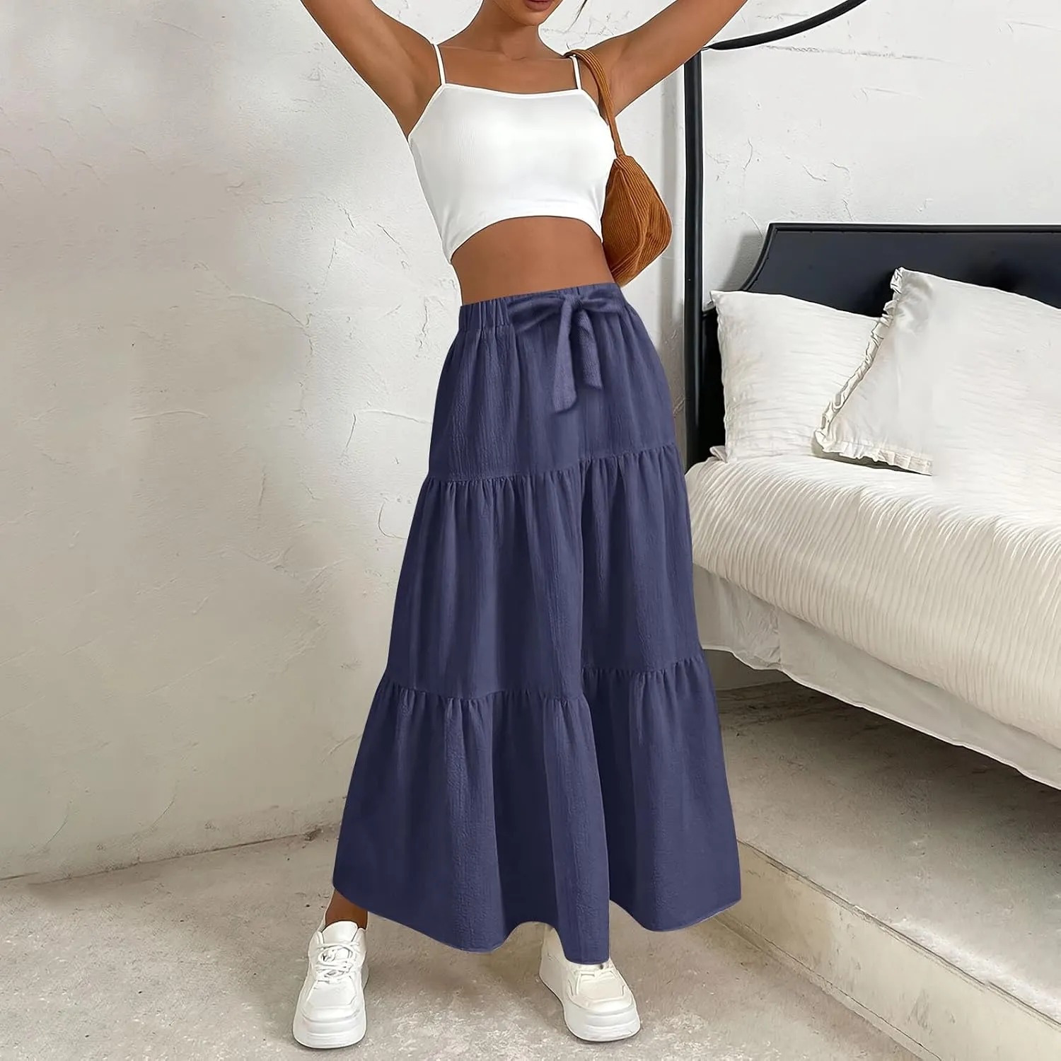 Womens High Waisted Basic Maxi Skirts 2025 Pleated Elastic Waist A-Line Skirt Trendy Summer Flowy Swing Long Skirts