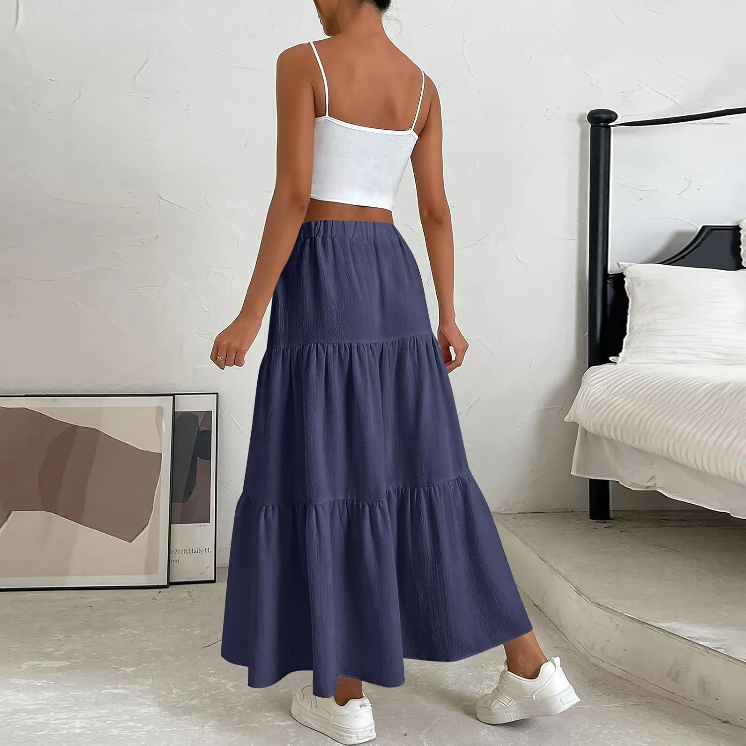 Womens High Waisted Basic Maxi Skirts 2025 Pleated Elastic Waist A-Line Skirt Trendy Summer Flowy Swing Long Skirts