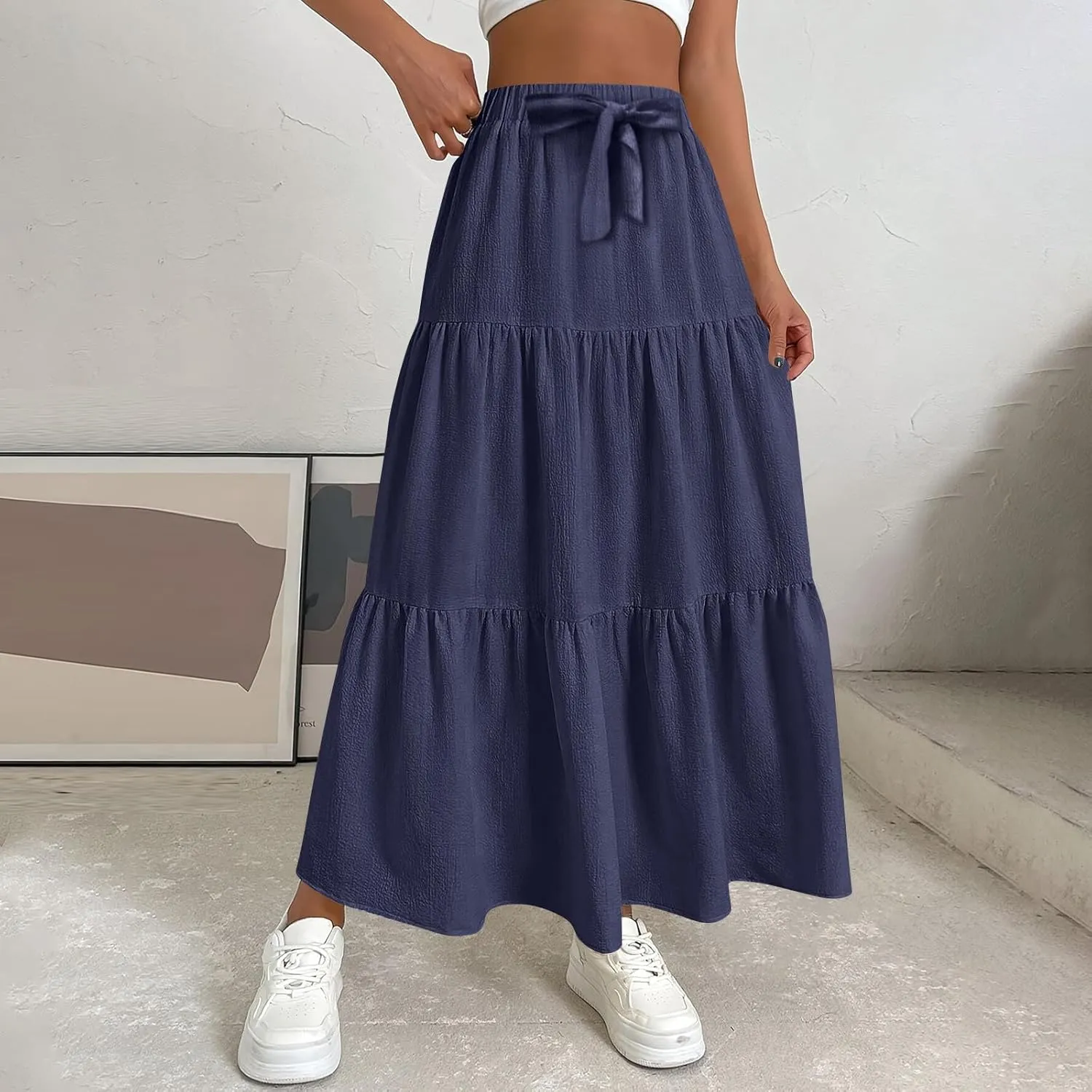 Womens High Waisted Basic Maxi Skirts 2025 Pleated Elastic Waist A-Line Skirt Trendy Summer Flowy Swing Long Skirts