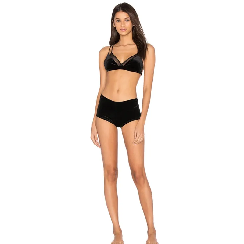 Women's Hollow Out Black Velvet Bra