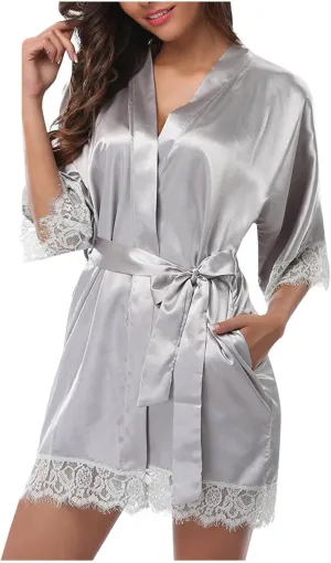 Women's Lace-Trim Silk Robes Wedding Bride Bridesmaid Kimono Satin Bathrobe Belted V Neck Sleepwear with 3/4 Sleeve