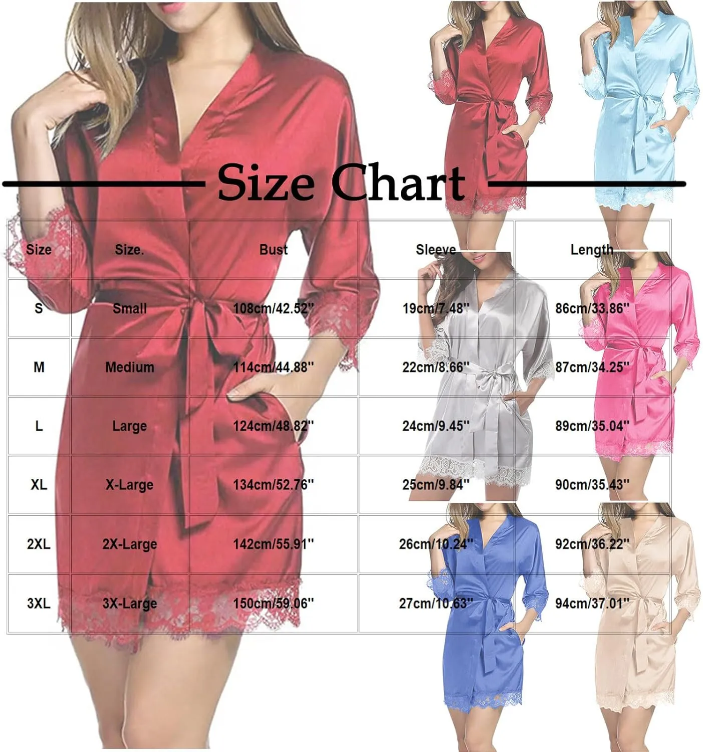 Women's Lace-Trim Silk Robes Wedding Bride Bridesmaid Kimono Satin Bathrobe Belted V Neck Sleepwear with 3/4 Sleeve