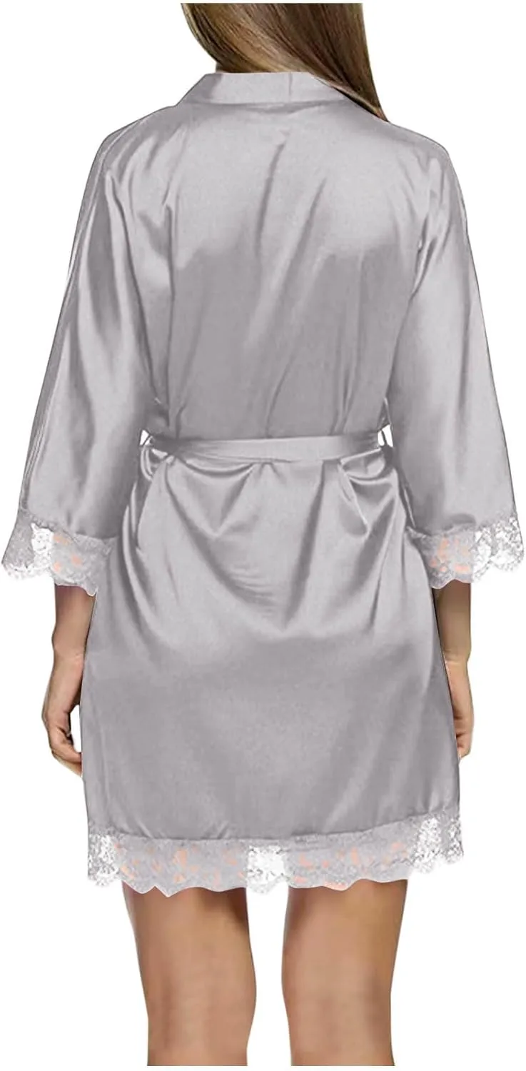 Women's Lace-Trim Silk Robes Wedding Bride Bridesmaid Kimono Satin Bathrobe Belted V Neck Sleepwear with 3/4 Sleeve
