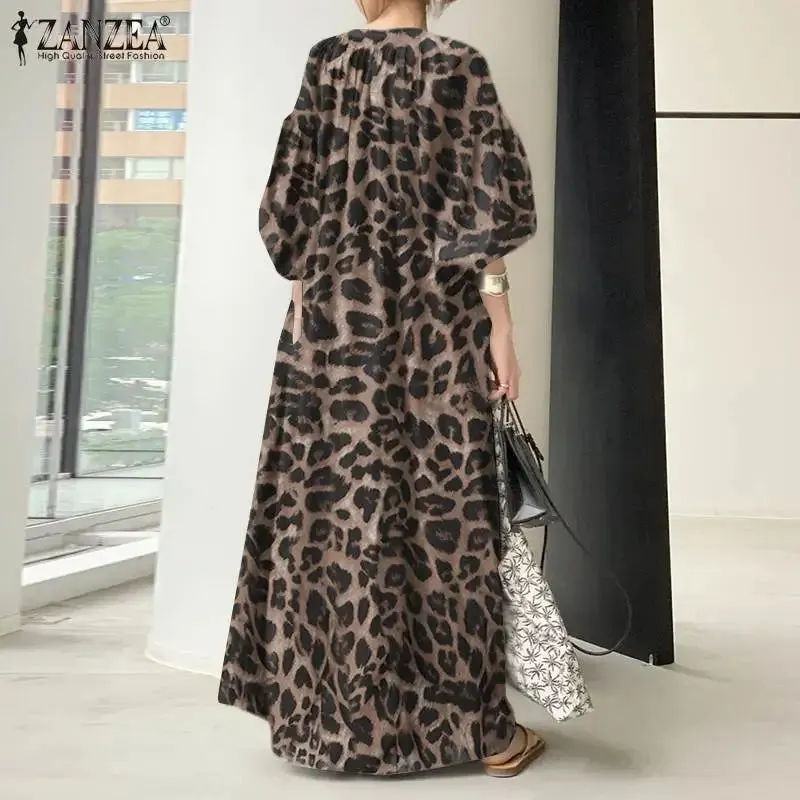 Women's Leopard Print Fashion Designer High Waist Long Dresses (Plus Size)