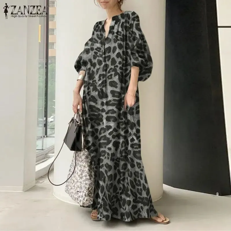 Women's Leopard Print Fashion Designer High Waist Long Dresses (Plus Size)