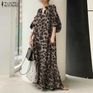 Women's Leopard Print Fashion Designer High Waist Long Dresses (Plus Size)