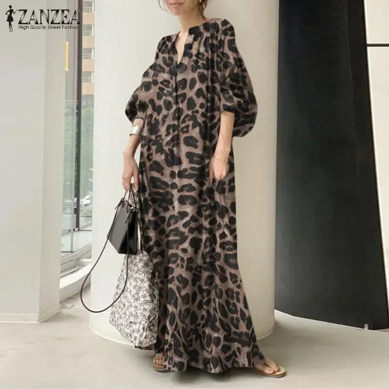Women's Leopard Print Fashion Designer High Waist Long Dresses (Plus Size)