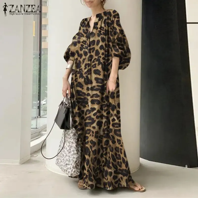 Women's Leopard Print Fashion Designer High Waist Long Dresses (Plus Size)