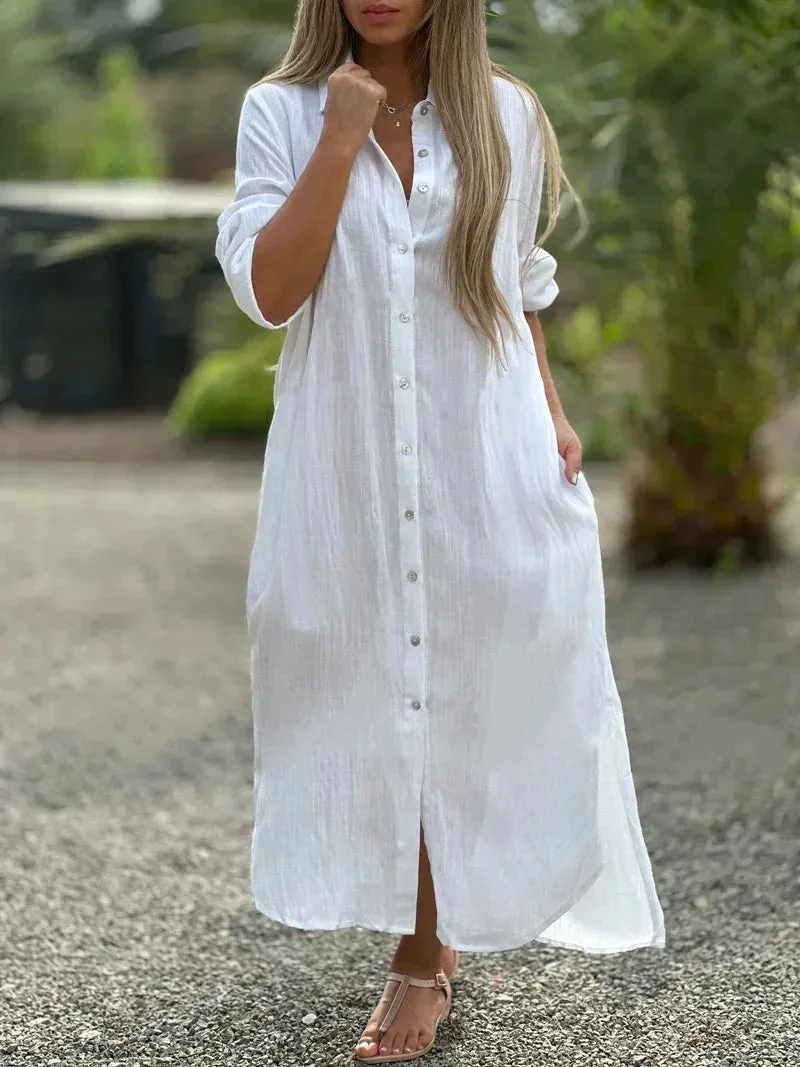 Women's Linen Fashion Designer 5XL Shirt Long Dresses (Plus Size)