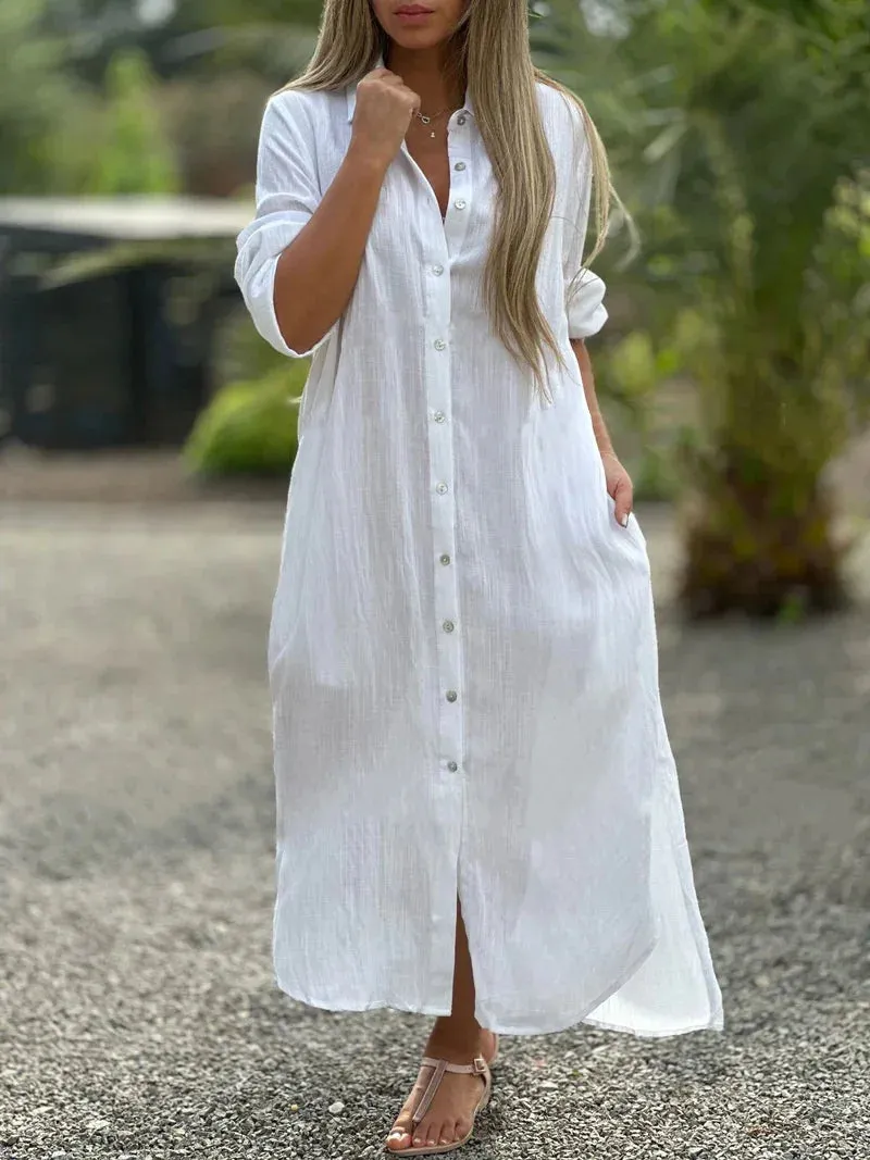 Women's Linen Fashion Designer 5XL Shirt Long Dresses (Plus Size)
