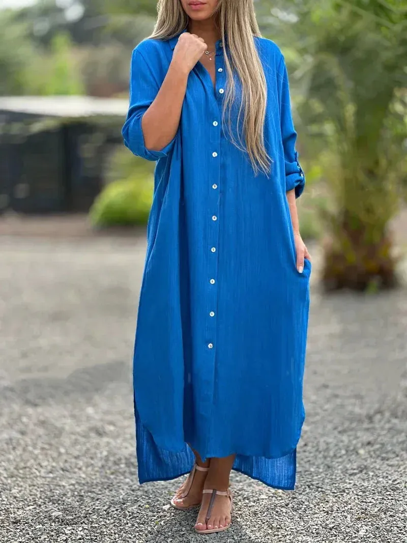 Women's Linen Fashion Designer 5XL Shirt Long Dresses (Plus Size)