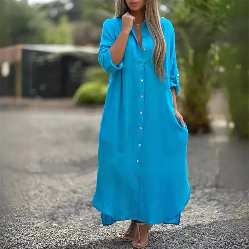 Women's Linen Fashion Designer 5XL Shirt Long Dresses (Plus Size)
