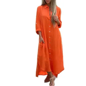 Women's Linen Fashion Designer 5XL Shirt Long Dresses (Plus Size)