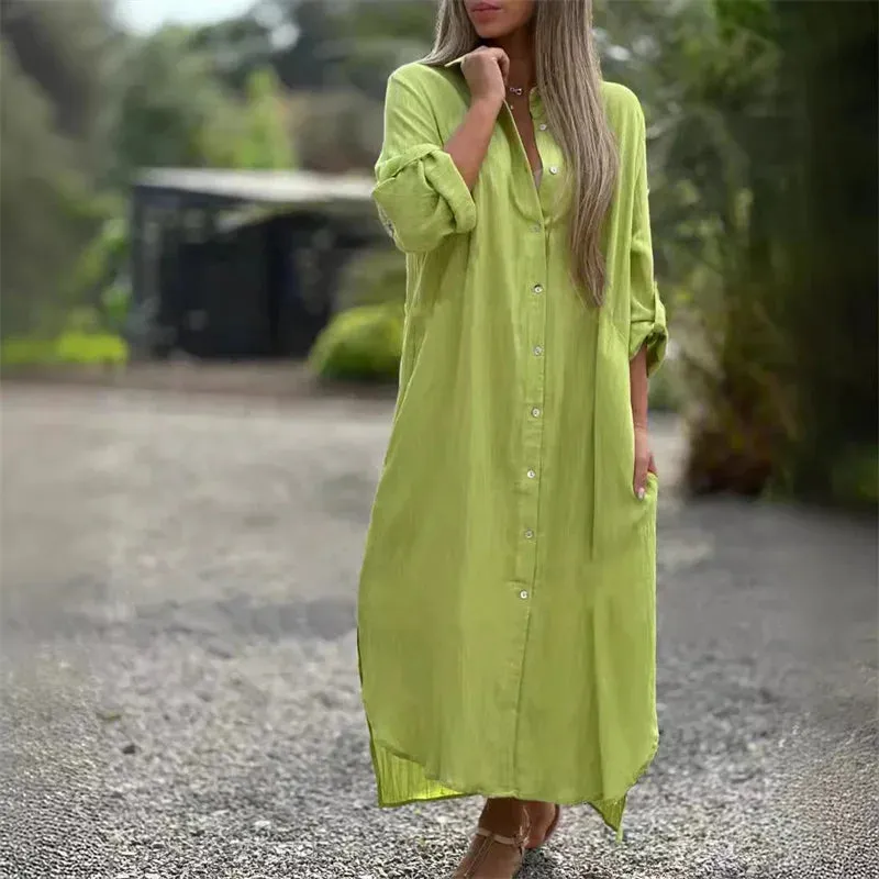 Women's Linen Fashion Designer 5XL Shirt Long Dresses (Plus Size)