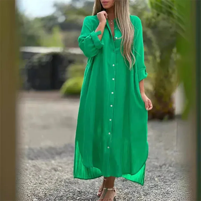 Women's Linen Fashion Designer 5XL Shirt Long Dresses (Plus Size)